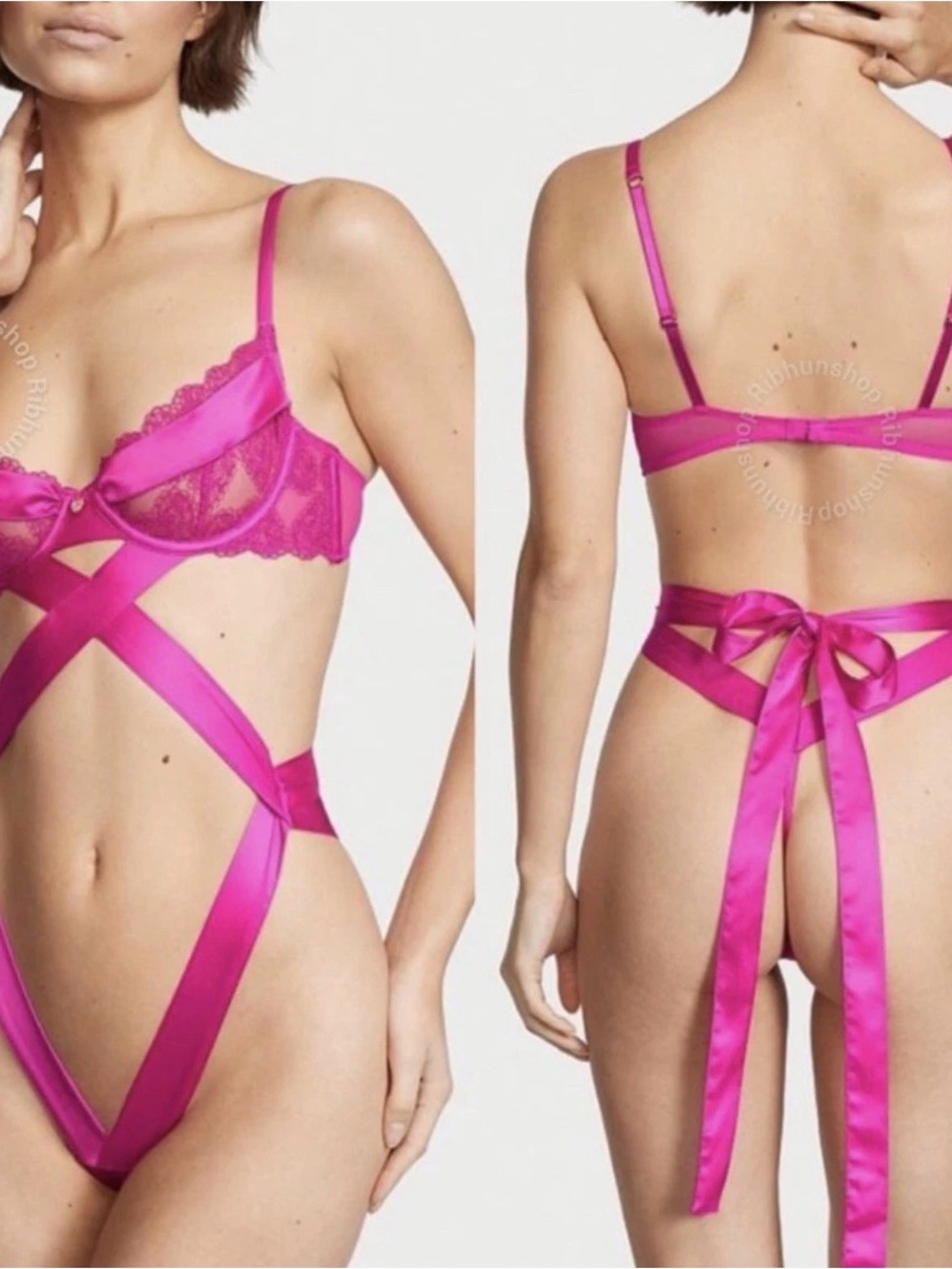 Victoria's Secret Fuchsia Satin & Lace Ribbon Bodysuit